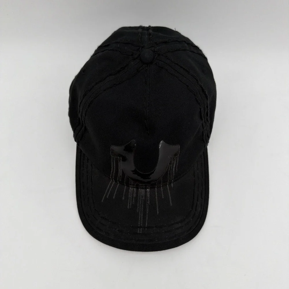 True Religion Hat Cap Mens One Size Black Horseshoe Drip Logo Leather Strapback